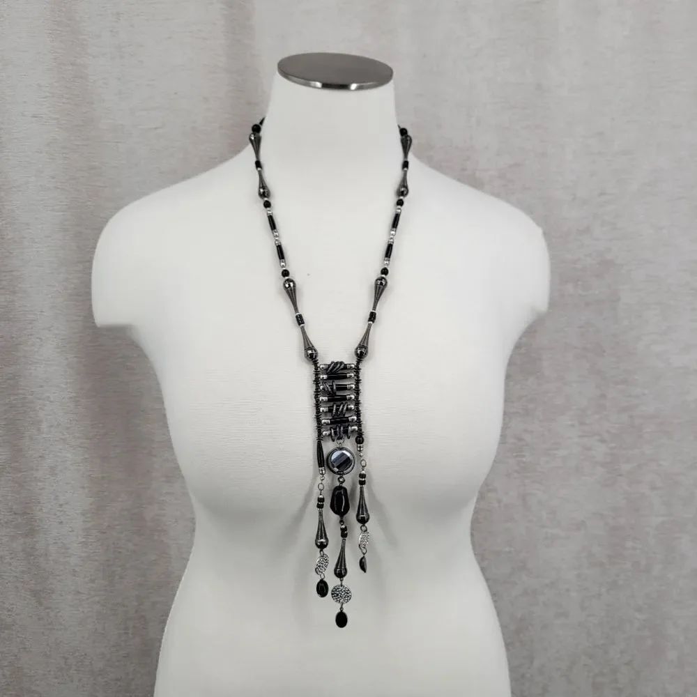 Treska Black Silver Beads Drop Necklace Native American Inspired Statement Boho